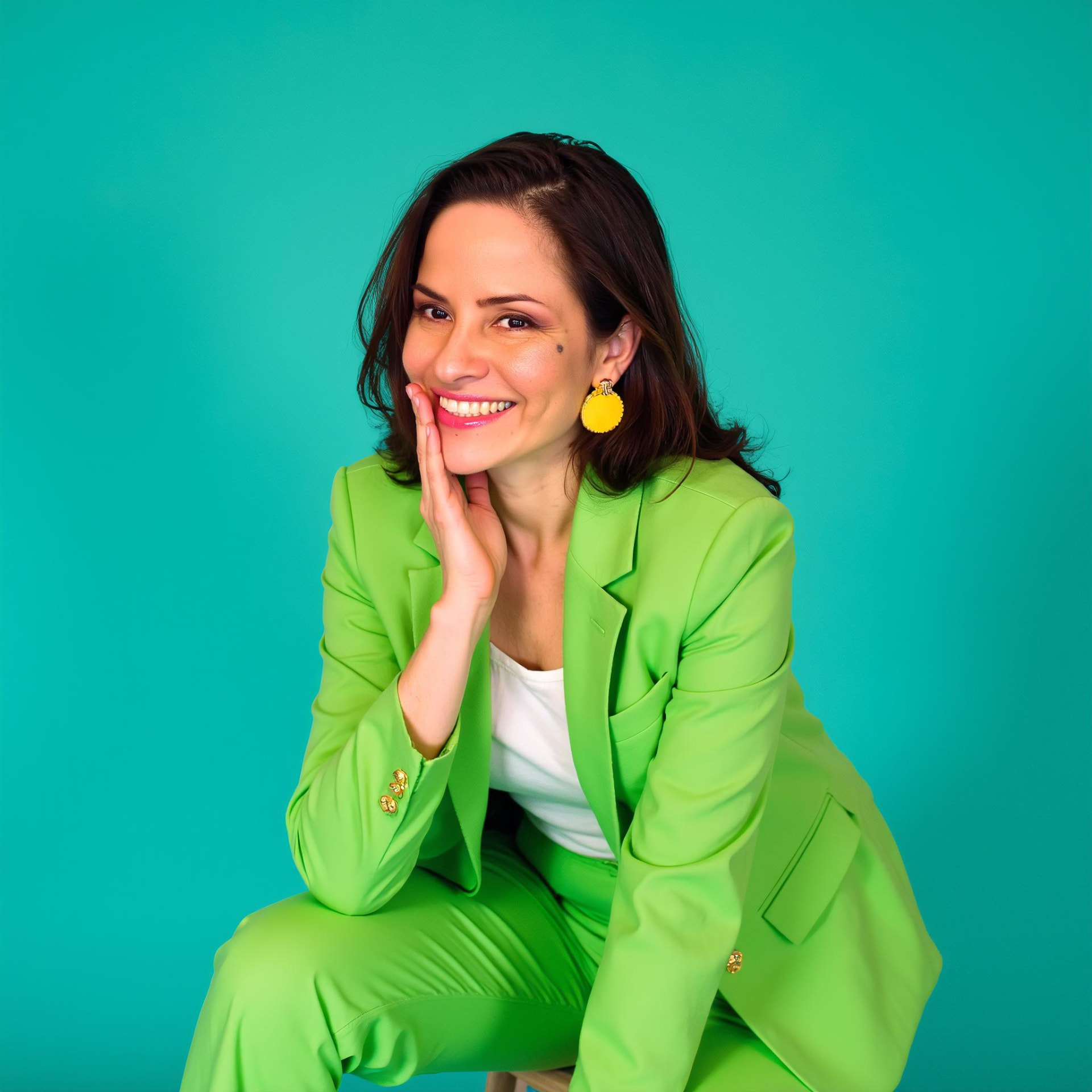 Cristina Mancero sonriendo, sentada con traje verde sobre fondo turquesa